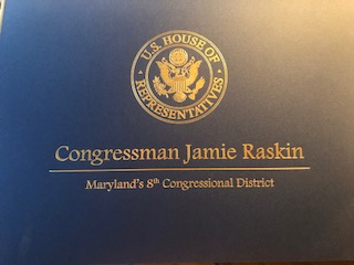 Cover of Congressman Jamie Raskin’s Certificate of Special Congressional Recognition upon the Town’s 150th Anniversary