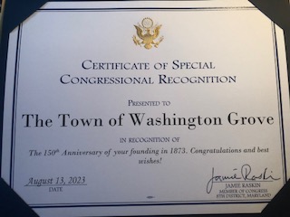 Congressman Jamie Raskin’s Certificate of Special Congressional Recognition upon the Town’s 150th Anniversary